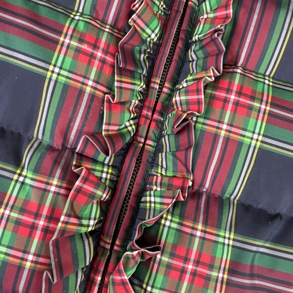 Talbots Jacket Womens Medium Navy Red Green Plaid Down Puffer Ruffle Coat - Picture 9 of 12